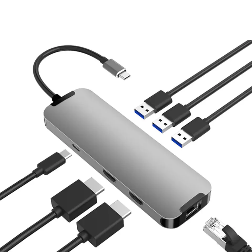 Aluminum Alloy Multi Function Adapter Type C To USB3.0 RJ45 PD2.0 HDMI 7 in 1 Hub
